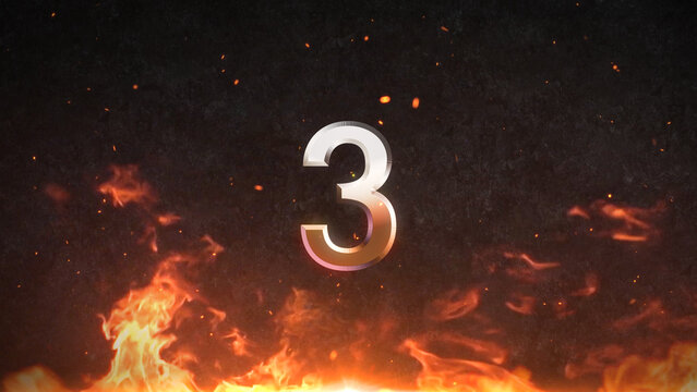 Countdown Cinematic Fire Flame with Burning Embers and Spark Particles on Dark Grunge Concrete Wall Movie Action Title Trailer Animation Background