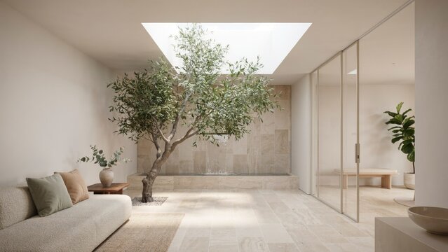 Interior Courtyard, Minimalist Design, Natural Light, Modern Architecture, Serene Space, Indoor Garden
