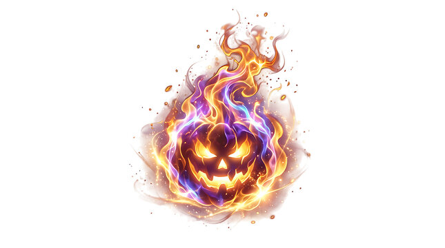 A glowing jack o lantern pumpkin engulfed in magical purple and orange flames featuring a spooky face isolated on transparent background
