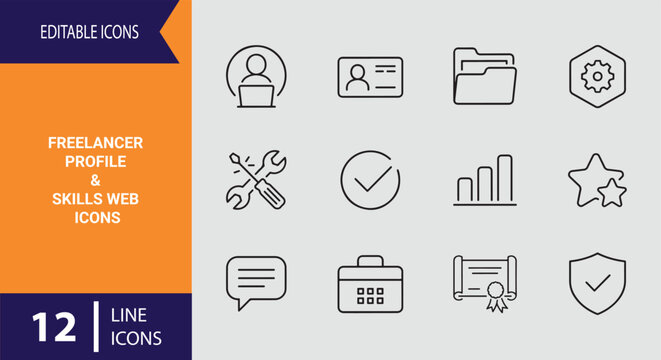Minimal freelancer profile and skills web icons outline icon set customized for portfolio websites and online resumes