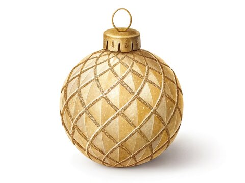 Elegant gold Christmas bauble with a glittering diamond lattice pattern and hanging loop, isolated on a clean white background.