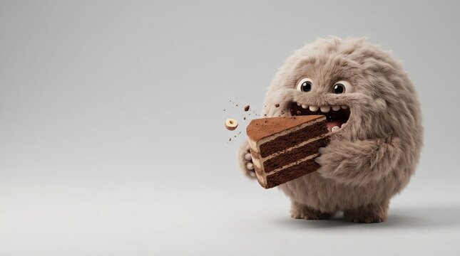Cute fluffy cartoon monster eating big slice of chocolate cake with cream. Funny furry yeti character with happy face enjoying