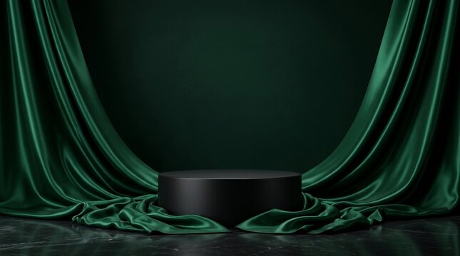 Elegant black pedestal displayed with lush emerald green drapes backdrop