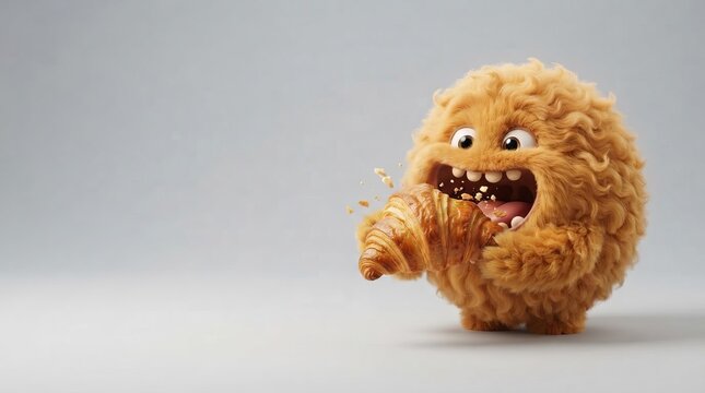 Cute fluffy cartoon monster eating croissant with open mouth and crumbs flying. Funny furry character enjoying pastry snack