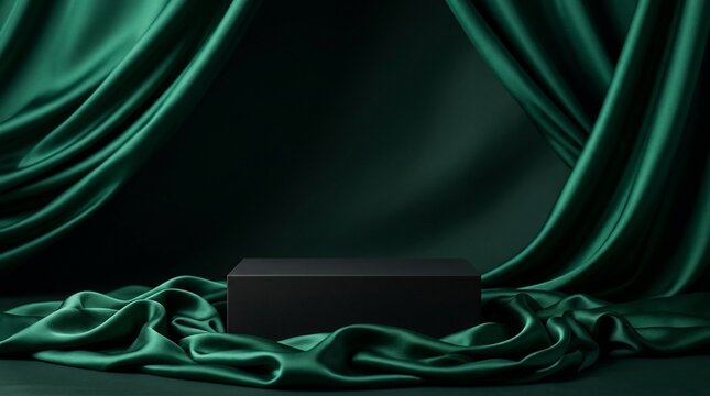 Elegant black pedestal surrounded by flowing emerald green fabric backdrop