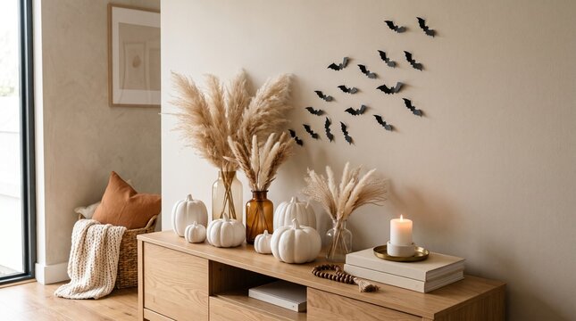 Minimalist Neutral Halloween Interior with White Pumpkins and Flying Bats