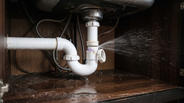 A leaking kitchen sink plumbing system with water spraying out of a cracked white plastic drain pipe connector