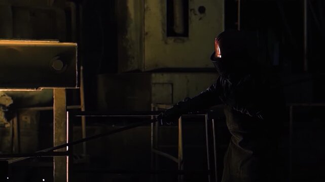 Foundry Worker Wearing Protective Gear Stirring Furnace With Rod - 4K