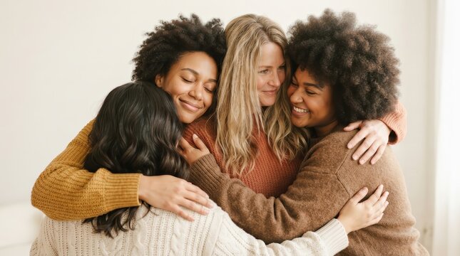 Diverse women hugging in a group to express female community and emotional support.