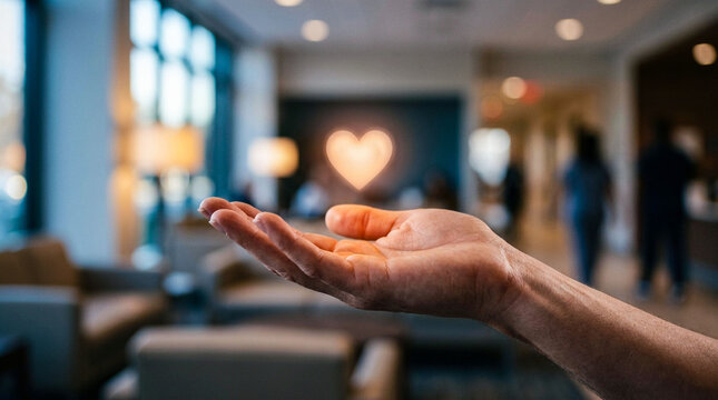 Human hand gently holding glowing heart symbol floating in air signifies care empathy and wellness within hospital waiting room environment for patient support.