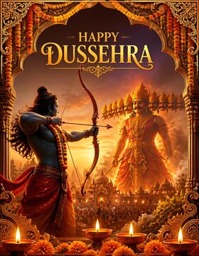Happy dussehra celebration scene with mythological archer aiming at giant demon
