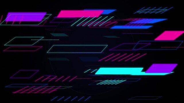 Abstract digital data block movement across frame in cyberspace hud background with colorful glowing rectangles and lines for technology or gaming projects.