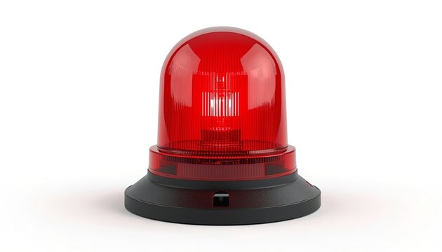 Red industrial emergency rotating beacon light with a sleek translucent plastic dome and durable black circular base featuring sharp studio lighting and clean minimalist design style presented on whit