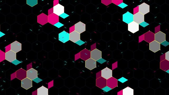 Abstract digital hexagon pattern in vibrant colors and dark background with small glowing particles creating a futuristic tech motion effect.