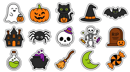 Fototapeta premium Set of cute halloween sticker designs featuring spooky characters and festive holiday elements for seasonal decorations