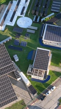 Solar Energy Technology Complex with Multiple Photovoltaic Systems and Solar Panel Arrays in Florian&oacute;polis, Brazil. Aerial View.