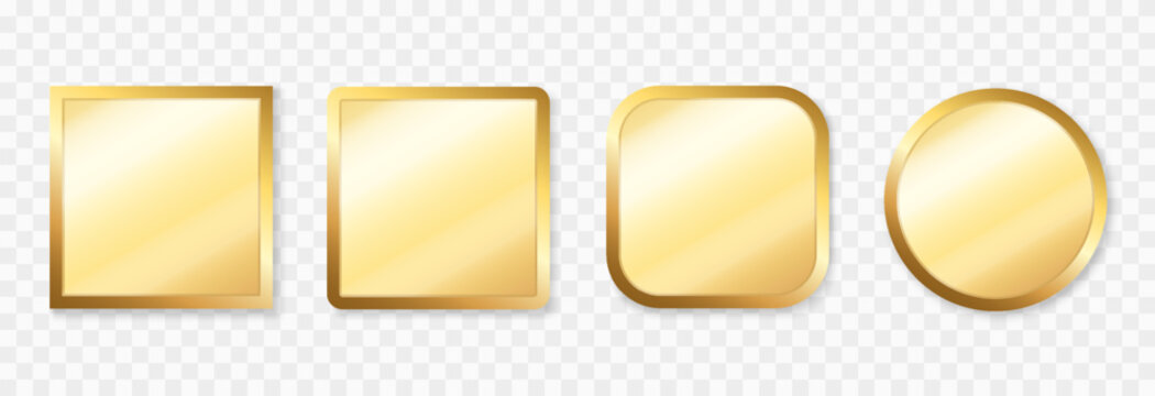 Set of luxury gold frames with glass inside. Gold frames in different shapes and sizes PNG. Gold frames with reflective and shiny effect.