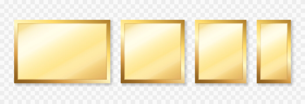 Set of luxury gold frames with glass inside. Gold frames in different shapes and sizes PNG. Gold frames with reflective and shiny effect.