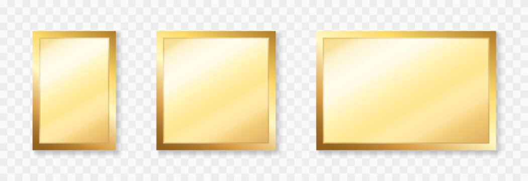 Set of luxury gold frames with glass inside. Gold frames in different shapes and sizes PNG. Gold frames with reflective and shiny effect.