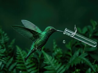Fototapeta premium Conservation Hummingbird Hovering by Test Tube in Green Jungle