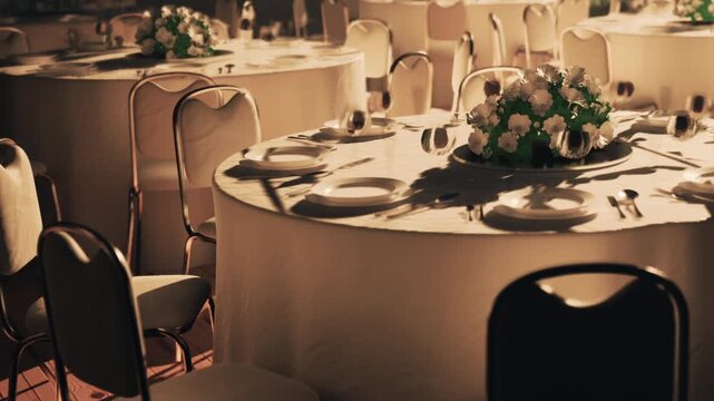 Tables are arranged with white tablecloths, dishes, and utensils ready for a formal dinner. Centerpieces of flowers sit on each table in the banquet hall. The room awaits guests.