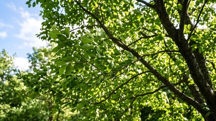 Fototapeta premium Bright sunlight filtering through verdant green leaves of a deciduous tree, highlighting the freshness and vitality of nature's canopy in a tranquil outdoor setting