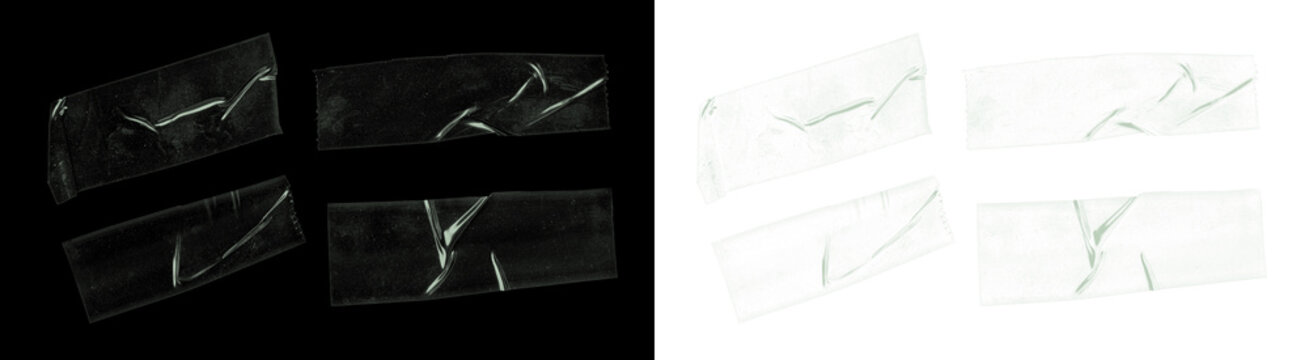 Set of four pieces of translucent adhesive tape with wrinkles and creases, shown against both black and transparent backgrounds for versatility