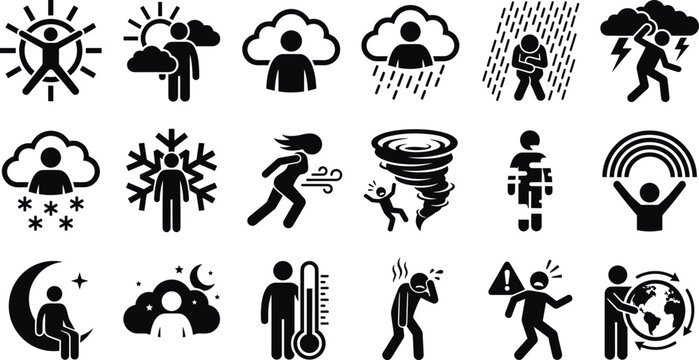 Set of weather icons with people, human figures representing different climate conditions and emotional states