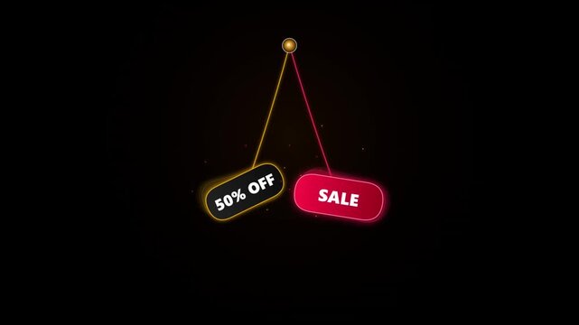 Neon sale sign animation with swinging labels showing fifty percent discount on black background for digital retail marketing and festive e commerce promo video.