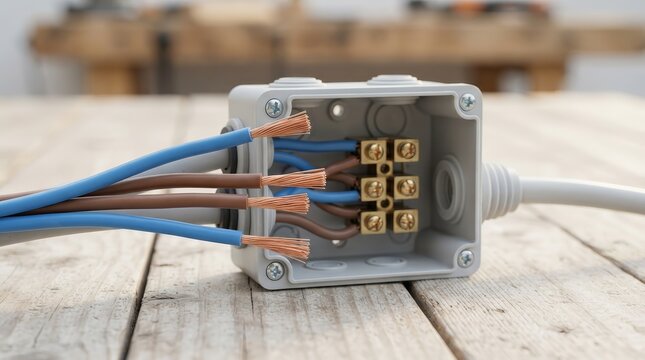 Electrical wiring with blue and brown cables coming out of a gray junction box on a timber surface.