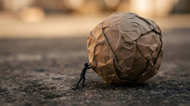 Miniature figure pushing large crumpled paper ball.