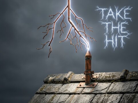 Lightning rod on slate roof under dramatic storm clouds and electric strike