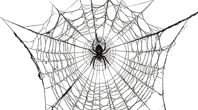 A detailed and intricate spider web design with delicate silk threads captured as an isolated object on a transparent background isolated on transparent background