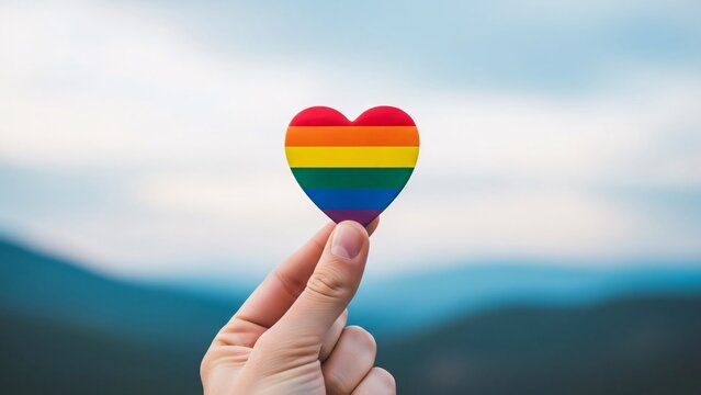 Hand holding rainbow heart against mountainous landscape
