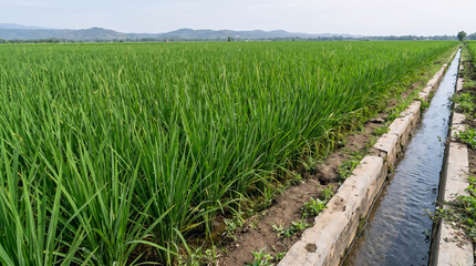 Fototapeta premium Green Rice Field and Irrigation Channel in Rural