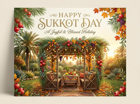 Happy Sukkot Day Greeting Card Design, Autumn Festive Template with Sukkah, Pomegranates, Palm Leaves, and Traditional Decor
