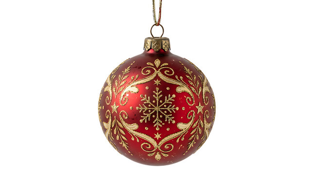 A single festive red christmas ornament with intricate gold snowflake patterns and decorative filigree details isolated on transparent background
