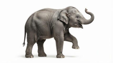 Fototapeta premium Side view of an Asian elephant lifting a leg and raising its trunk against a white backdrop.