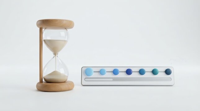 A digital project timeline tracker with milestone points alongside a wooden hourglass for time management.