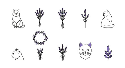 Obraz premium Minimalist Line Art Cats and Lavender Flowers Collection.