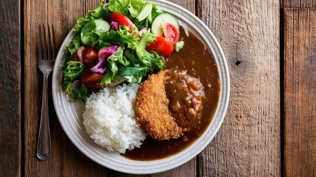 Crunchy Fried Chicken with Rice and Fresh Garden Salad on Plate