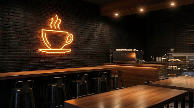 Neon coffee cup sign on dark brick wall in modern cafe interior