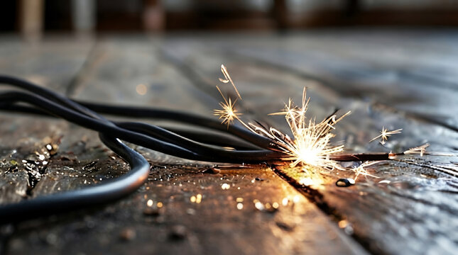 Electrical wires sparking on wooden floor with dramatic lighting