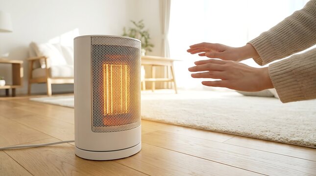 Person warming hands near electric space heater in cozy living room