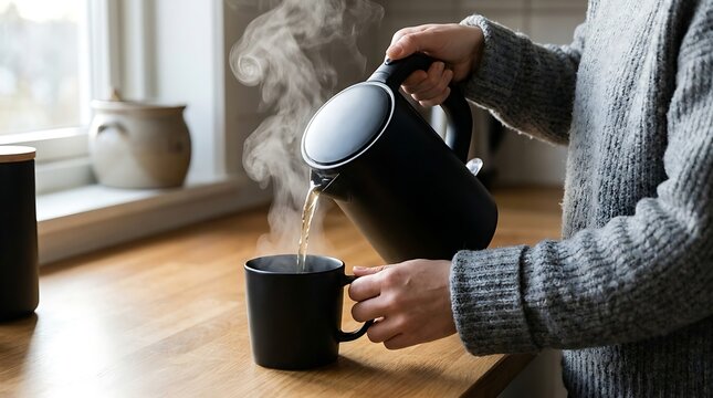 Woman Pours Hot Water from Electric Kettle into Mug in Kitchen