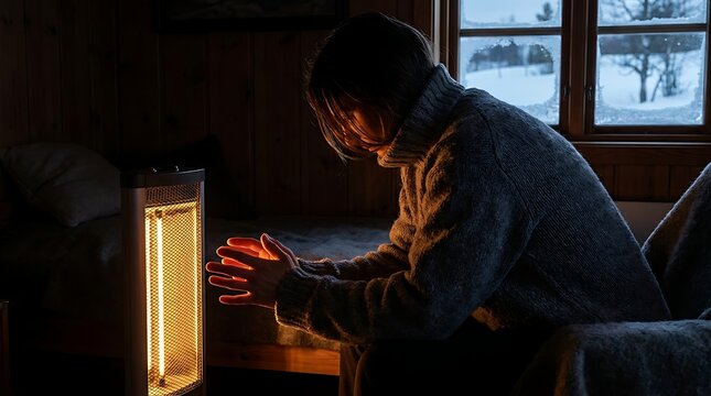 Woman Warming Hands Near Electric Heater in Cozy Cold Cabin Winter