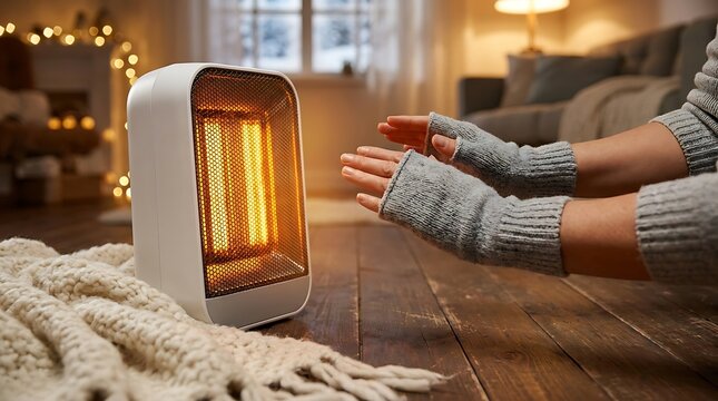Woman warming hands in front of electric heater in cozy living room