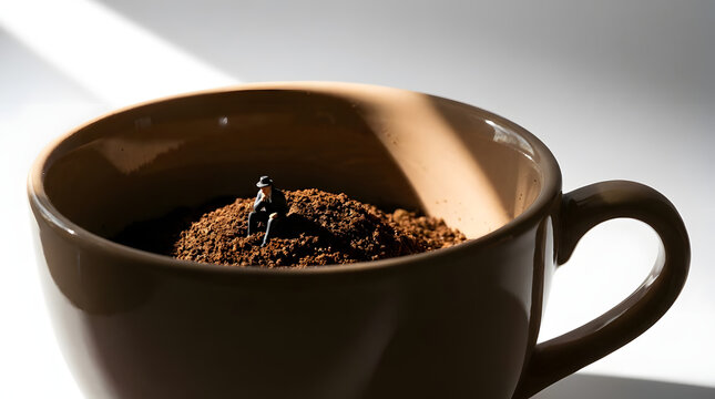 Miniature figure sitting inside coffee cup on grounds.