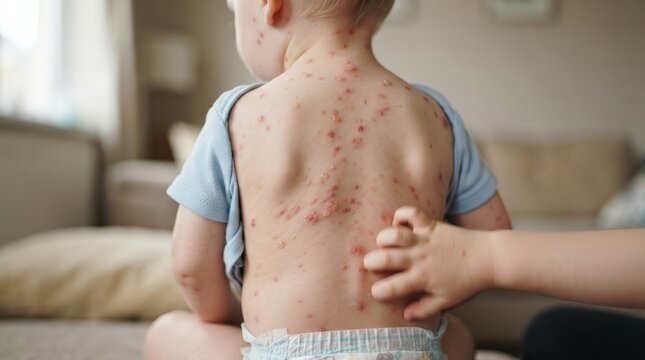An infant suffering from chicken pox with widespread red spots and blisters on the torso.