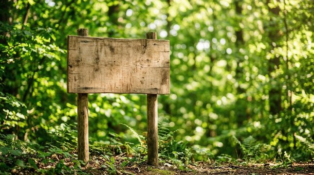 Rustic Wooden Sign In Lush Forest Path With Sunlight Rays